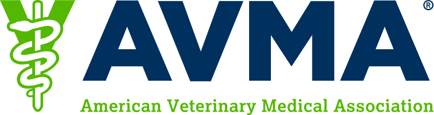 Logo of the American Veterinary Medical Association featuring a veterinary symbol in green and blue text.