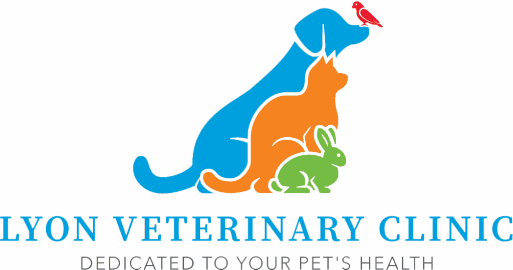 Logo of Lyon Veterinary Clinic with silhouettes of a dog, cat, rabbit, and a bird.