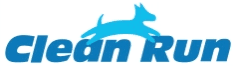 Logo of "Clean Run" featuring a leaping dog silhouette above the text.