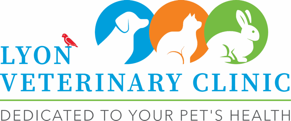 Logo for Lyon Veterinary Clinic featuring a bird, dog, cat, and rabbit silhouette.