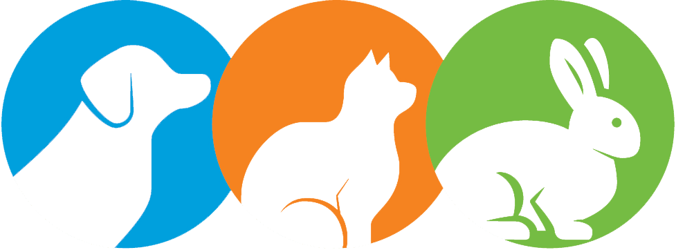 Silhouettes of a dog, cat, and rabbit in colored circles.